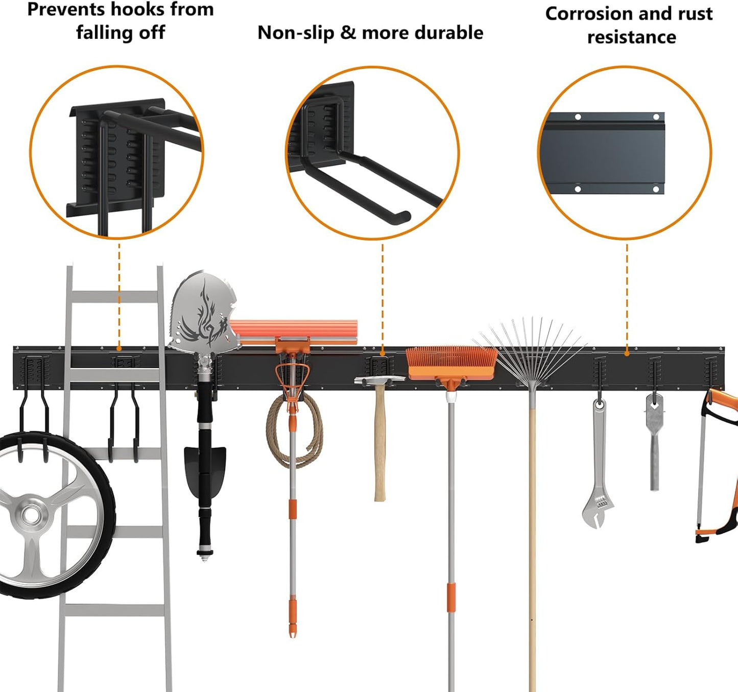 64 Inches Garage Tool Organizer Wall Mount, Yard Tool Hangers for Garage Wall, Tool Storage Rack Wall Hooks
