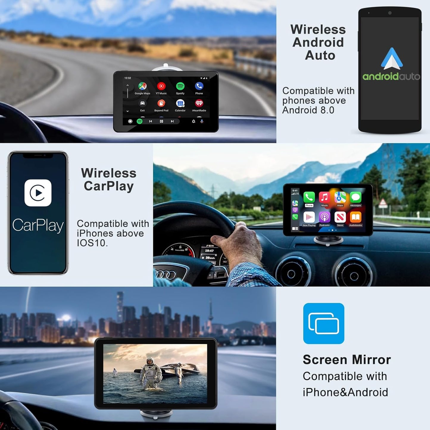 Compatible Wireless Apple CarPlay Android Auto Screen for Car, 7" Touch Screen Naivgation Car Stereo Portable CarPlay Bluetooth Mirror Link, Siri, AirPlay, AUX, Voice Assistant