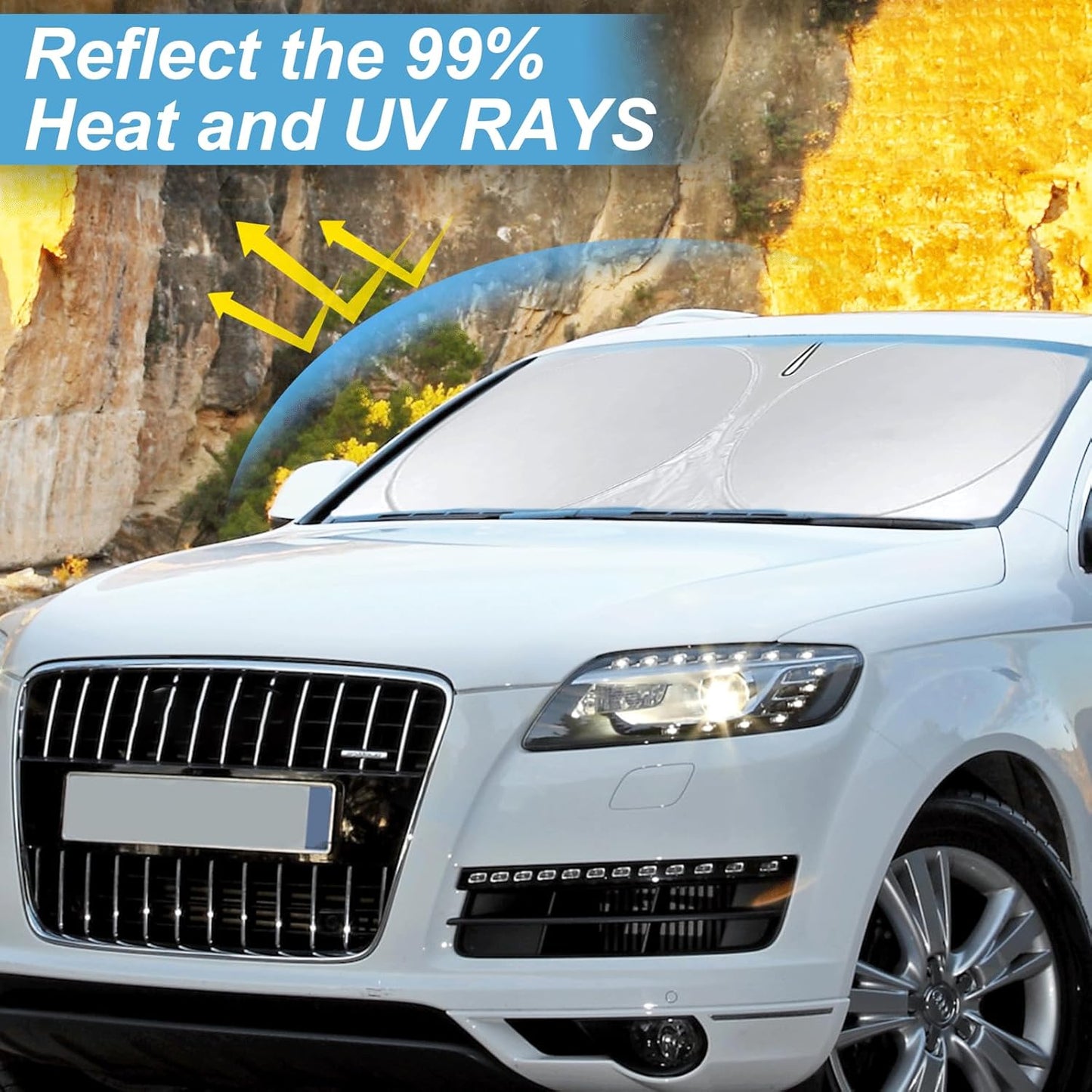 Custom fit Audi Q7 Windshield Sunshade for 2016-2023 2024 2025 2026 Audi Q7 SUV Shades Cover for Windshield Sun Visor Screen Protector 210T Reflective Blocks UV Rays Cool Car Accessories