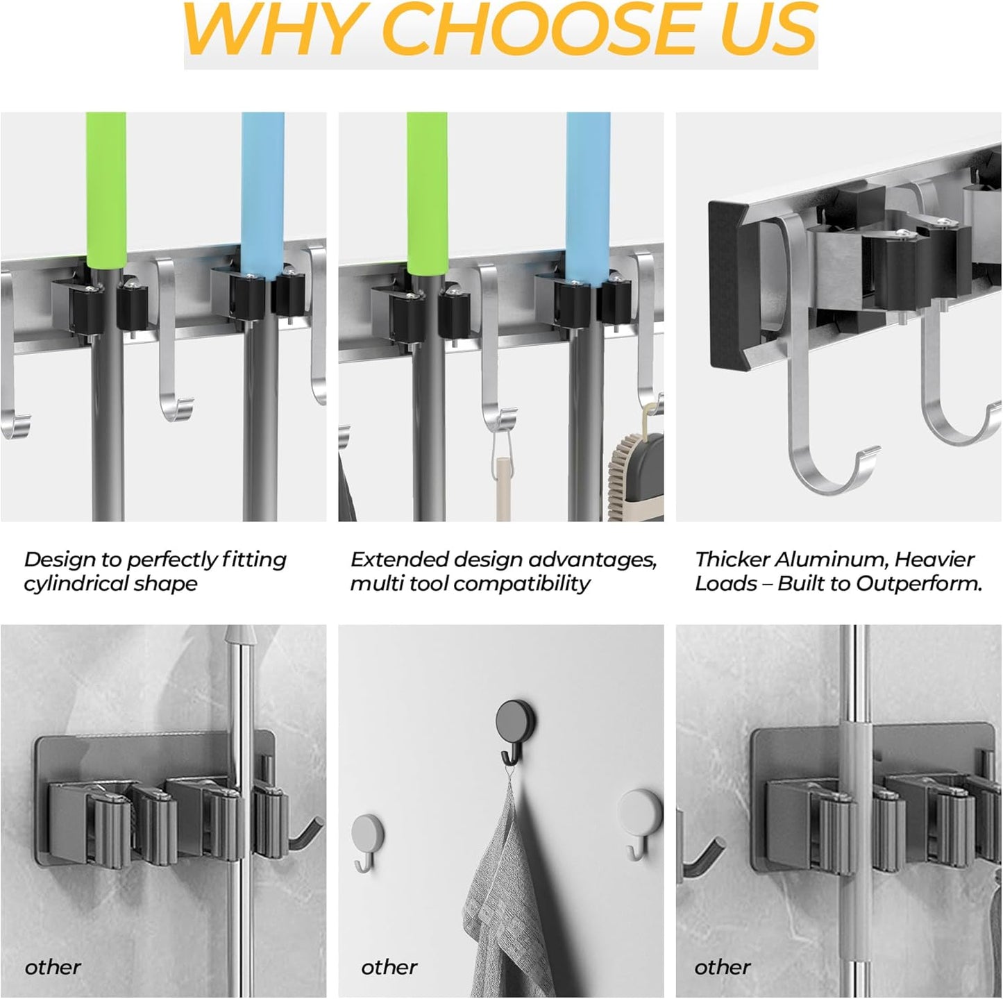 Broom Holder Wall Mount, 4 Star Roller Clips & 5 Extra Long Hooks, Thickened Backboard, Heavy Duty 55lbs Garden Tool Organizer for Mop, Rake, Shovel Storage