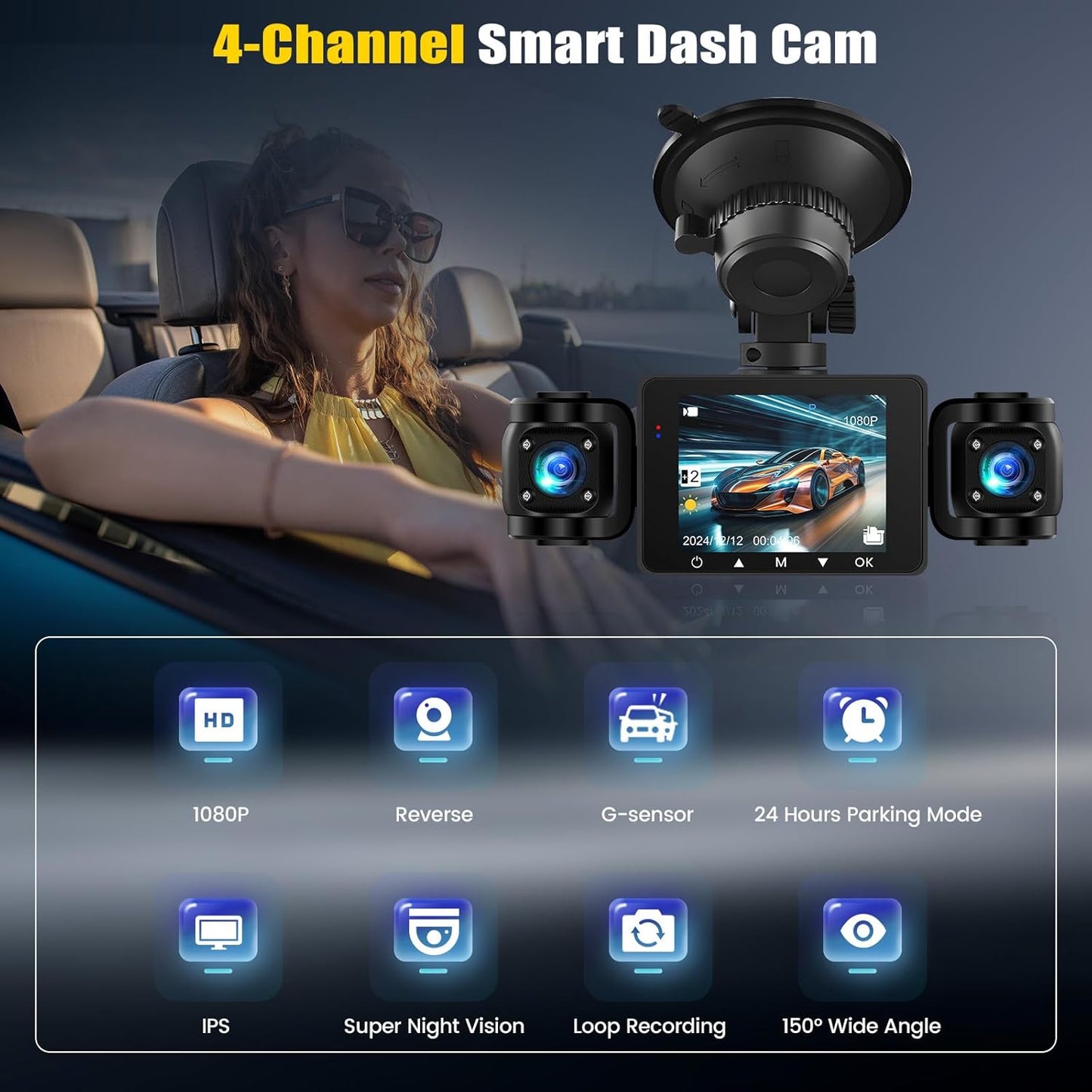4 Channel Dash Cam Front and Rear Inside Left Right,2.4 Inch 1080P Dash Camera for Cars Car Camera with IR Night Vision,Loop Recording,G-Sensor,Parking Assistance,24H Parking Monitor