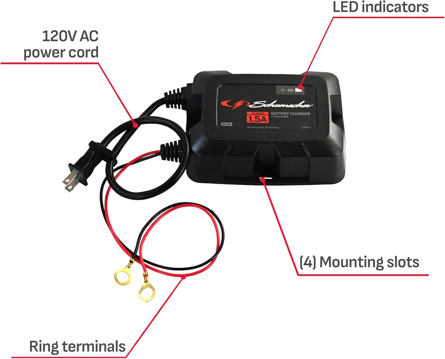 Schumacher Electric On-Board Battery Charger and Maintainer, 3-in-1, SC1587, 1.5 Amps, 6 Volt, 12 Volt, Fully Automatic, Mounts Under Hood, for Car, Truck, and Large Vehicle Batteries