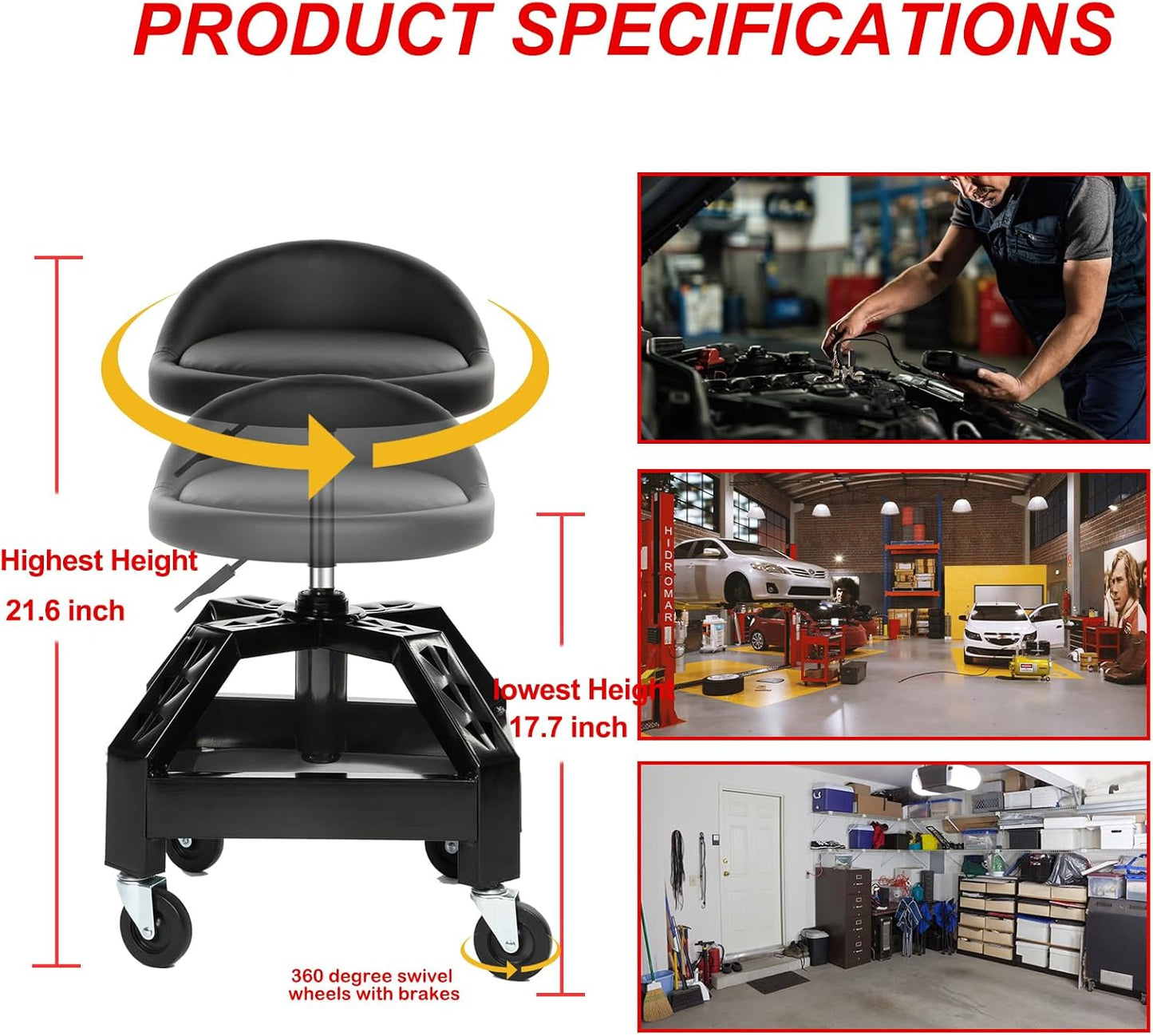 Garage Shop Rolling Seat, Heavy Duty Adjustable Rolling Mechanic Stool with Lockable 360° Wheels, 350 Lbs Capacity, Work Stool with Tool Tray for Garage & Workshop