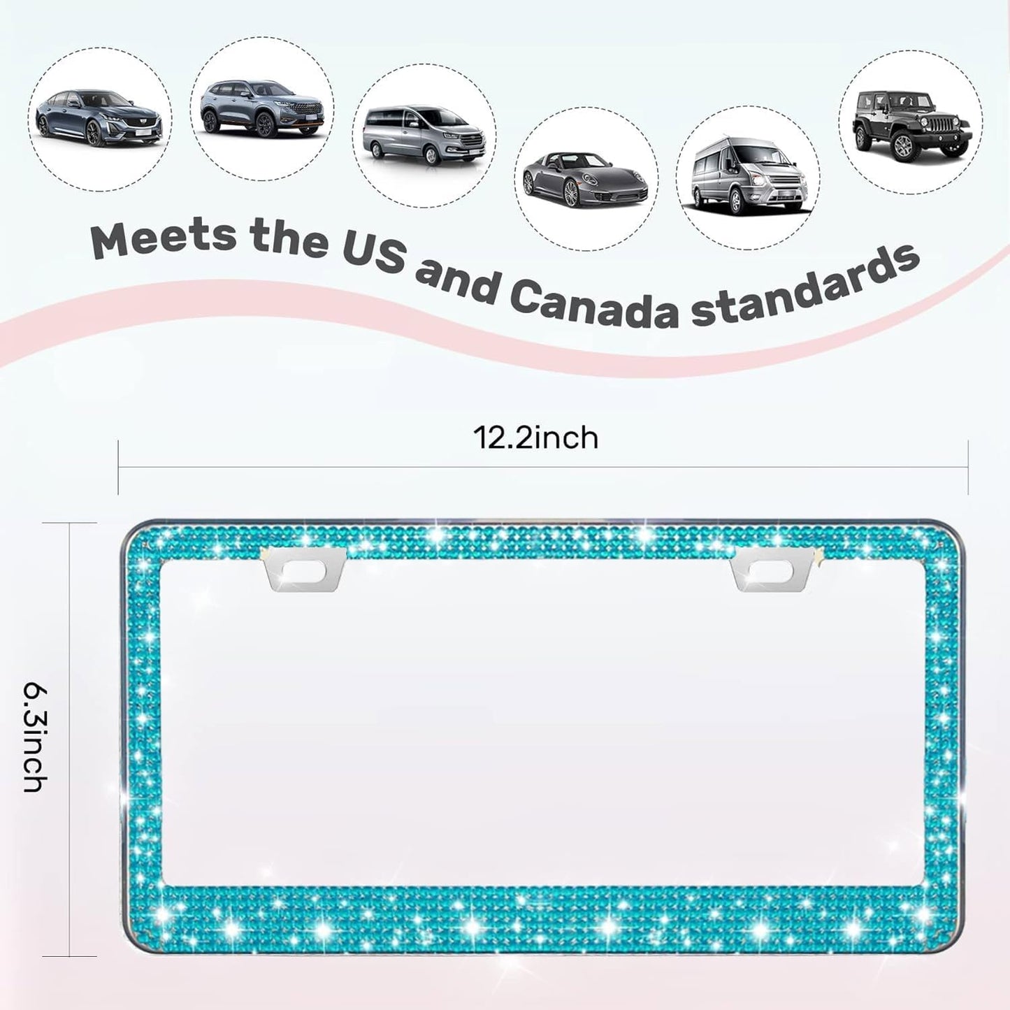 2 Pack License Plate Frames for Women, Sparkly Rhinestone Diamond Car Accessories with Glitter Crystal Caps (Blue（2PCS）)