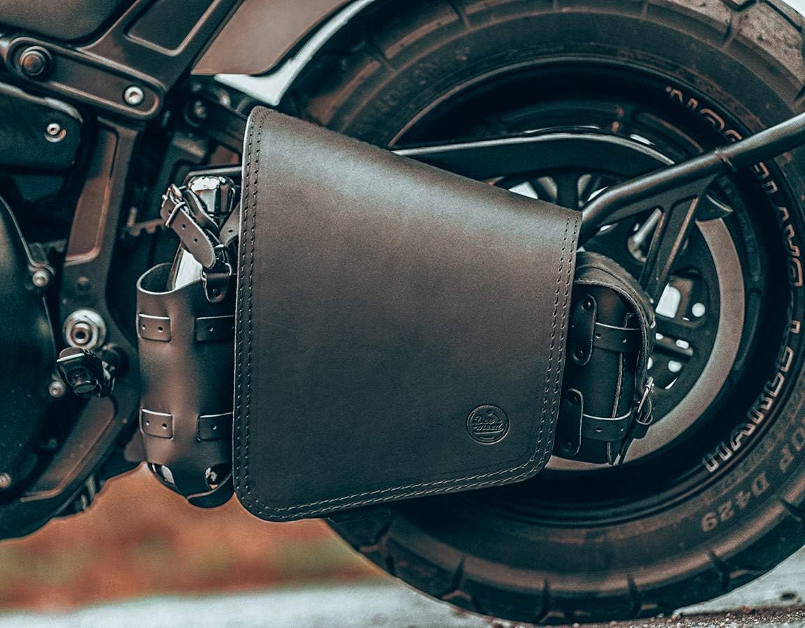 Outsider, motorcycle leather saddle bag for Harley Softail, tool bag with bottle pocket
