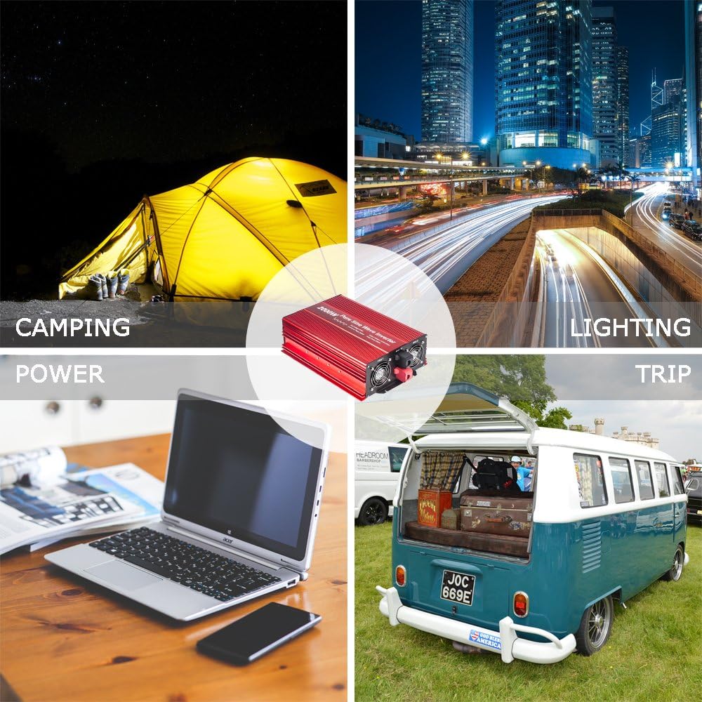 2000W Pure Sine Wave Inverter 12V to 120V AC with 2 AC outlets (IP54 ETL Approved Sockets),DC5V 2 Amp USB Output, LCD Wire Remote kit and OFC Battery Cables,Input terminals Fixing Wrench