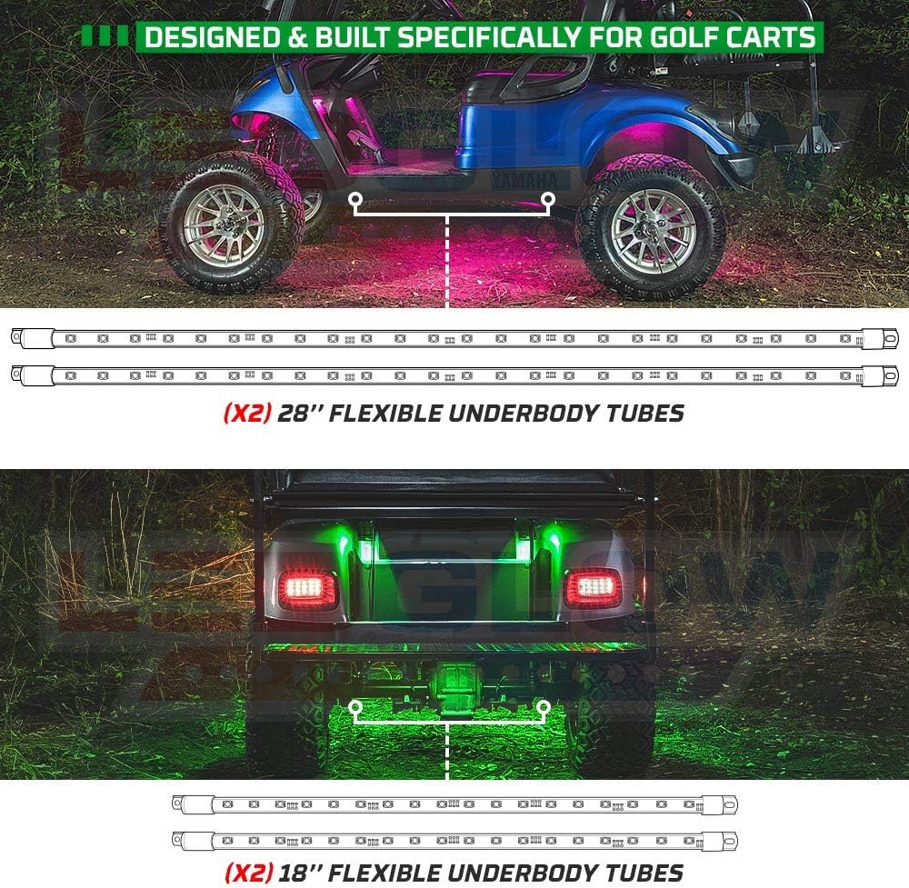 LEDGlow 12pc Million Color LED 4-Seater Golf Cart Underglow Neon Kit with Canopy, Wheel Well & Interior Lights Fits EZGO, Yamaha, Club Car, ICON, Evolution, Tomblerin, Star EV - for 12-Volt Battery