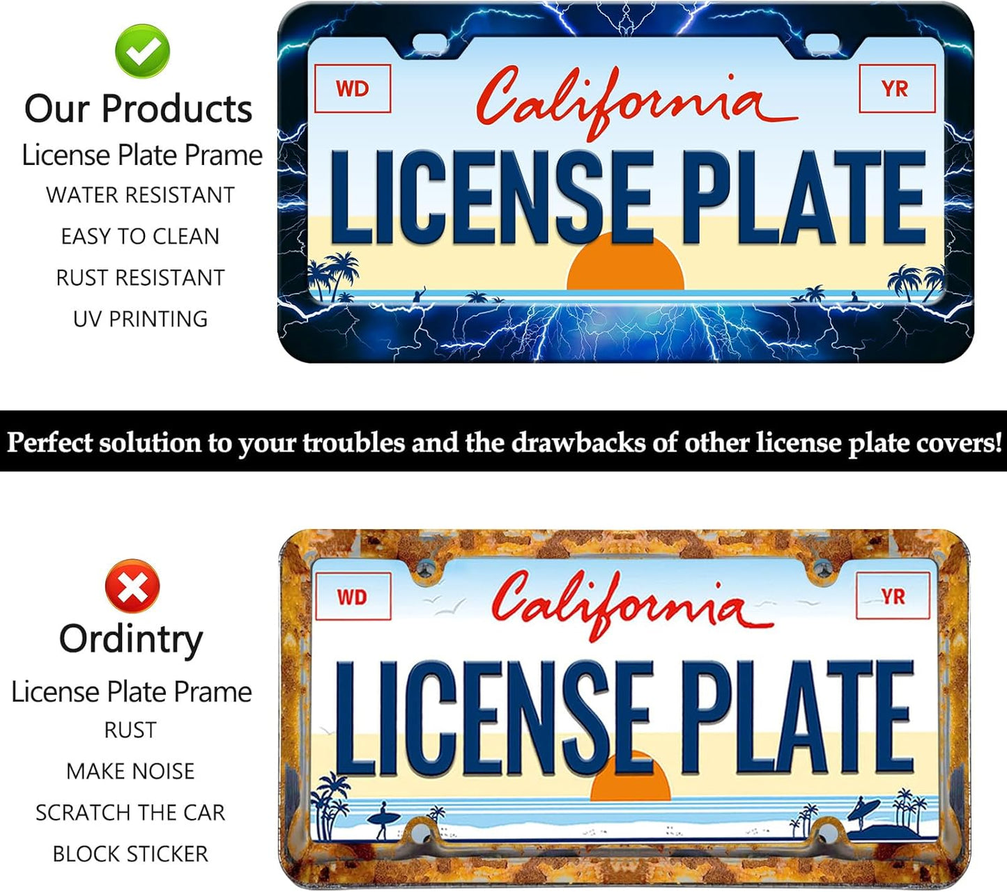 Blue Lightning License Plate Frames - 2 Pack Blue Thunder Stainless Steel License Plate Holder,Rust-Proof Waterproof Car Decorative Tag Frame with Screws Fasteners Caps
