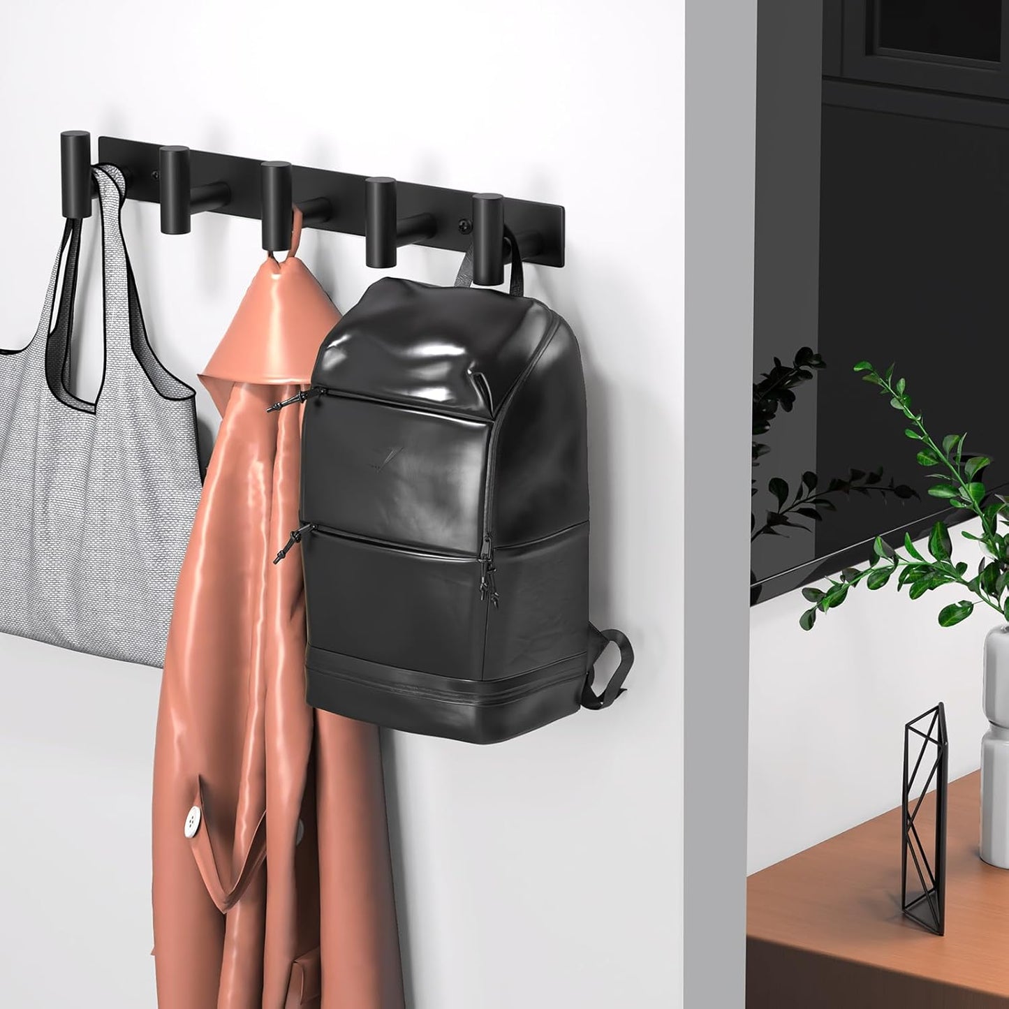 Wall Mounted Coat Rack-5 Hooks, Heavy Duty Stainless Steel Hook Rail for Towel Coat Hat Purse Bag Jacket, Towel Hooks for Entryway Bathroom Kitchen (Black 5 Hooks - 1 Pack)