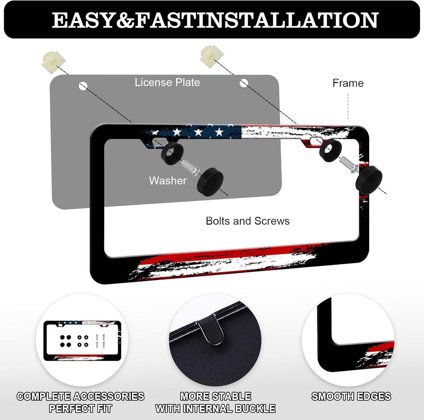 American Flag License Plate Frames - 2 Pack Vintage US Flag Stainless Steel License Plate Holder,Rust-Proof Waterproof Car Decorative Tag Frame with Screws Fasteners Caps