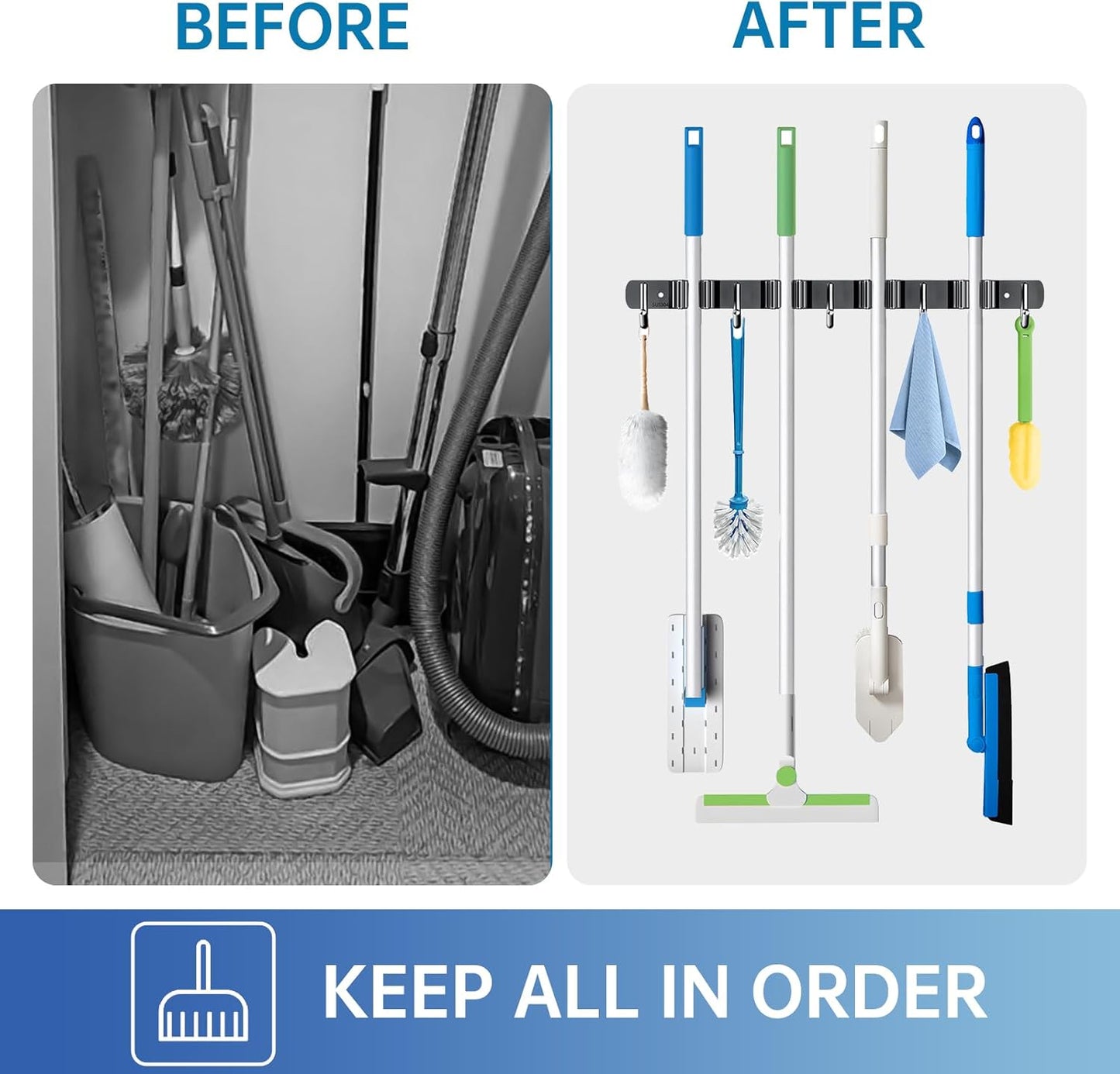 ZONGOOL 2 Pack Broom Holder Wall Mount, 4 Racks and 5 Hooks Mop Hanger Wall Mount Broom Organizer Stainless Steel Heavy Duty Garage Tool Racks for Home Kitchen Garden Laundry (Black)