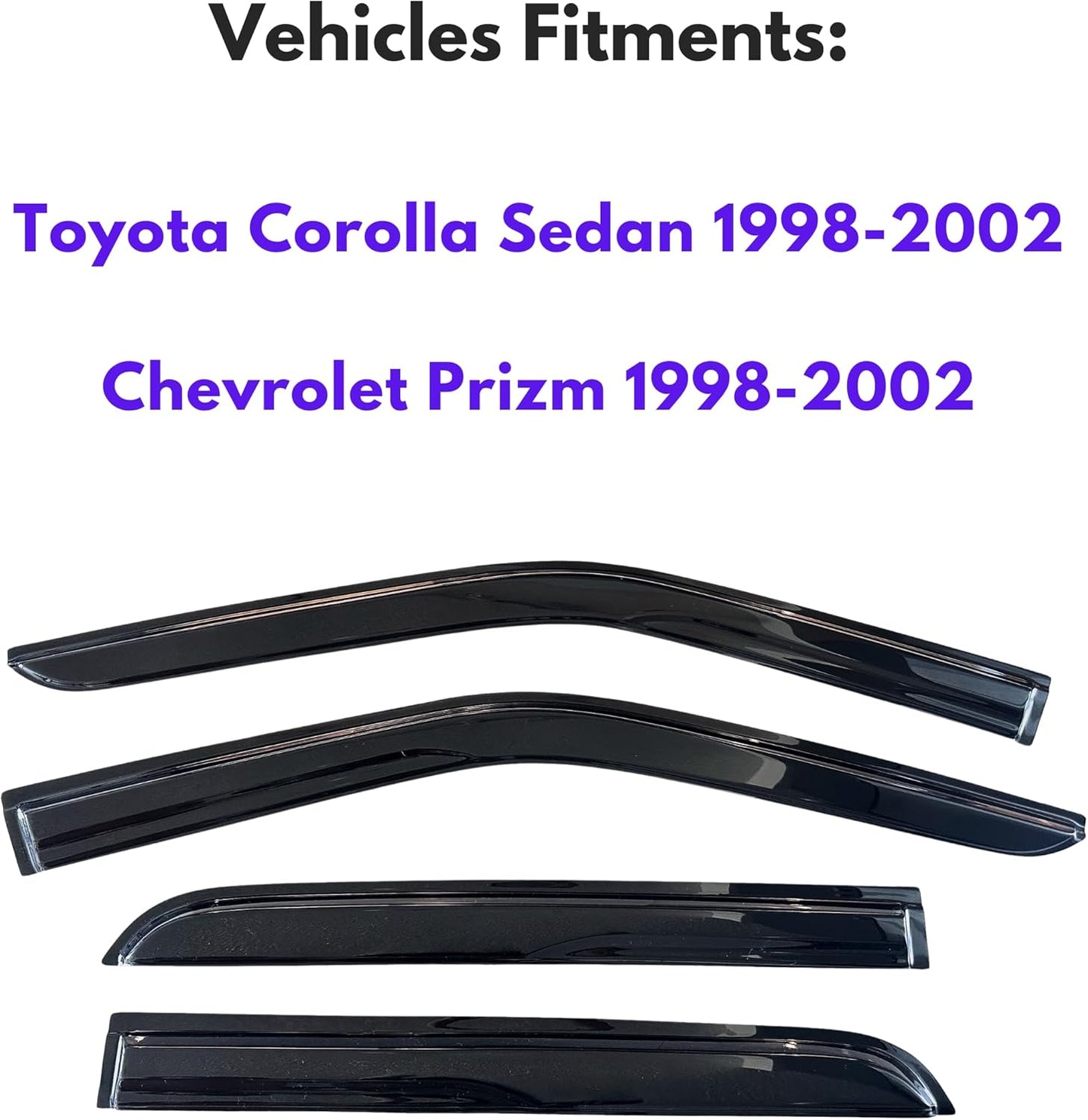 KPY Window Visor Compatible with Toyota Corolla Sedan & Chevrolet Chevy Prizm 1998-2002, 4PC Rain Guard Side Window Vent Deflectors Tape-On Mugen Style, 1998 1999 2000 2001 2002