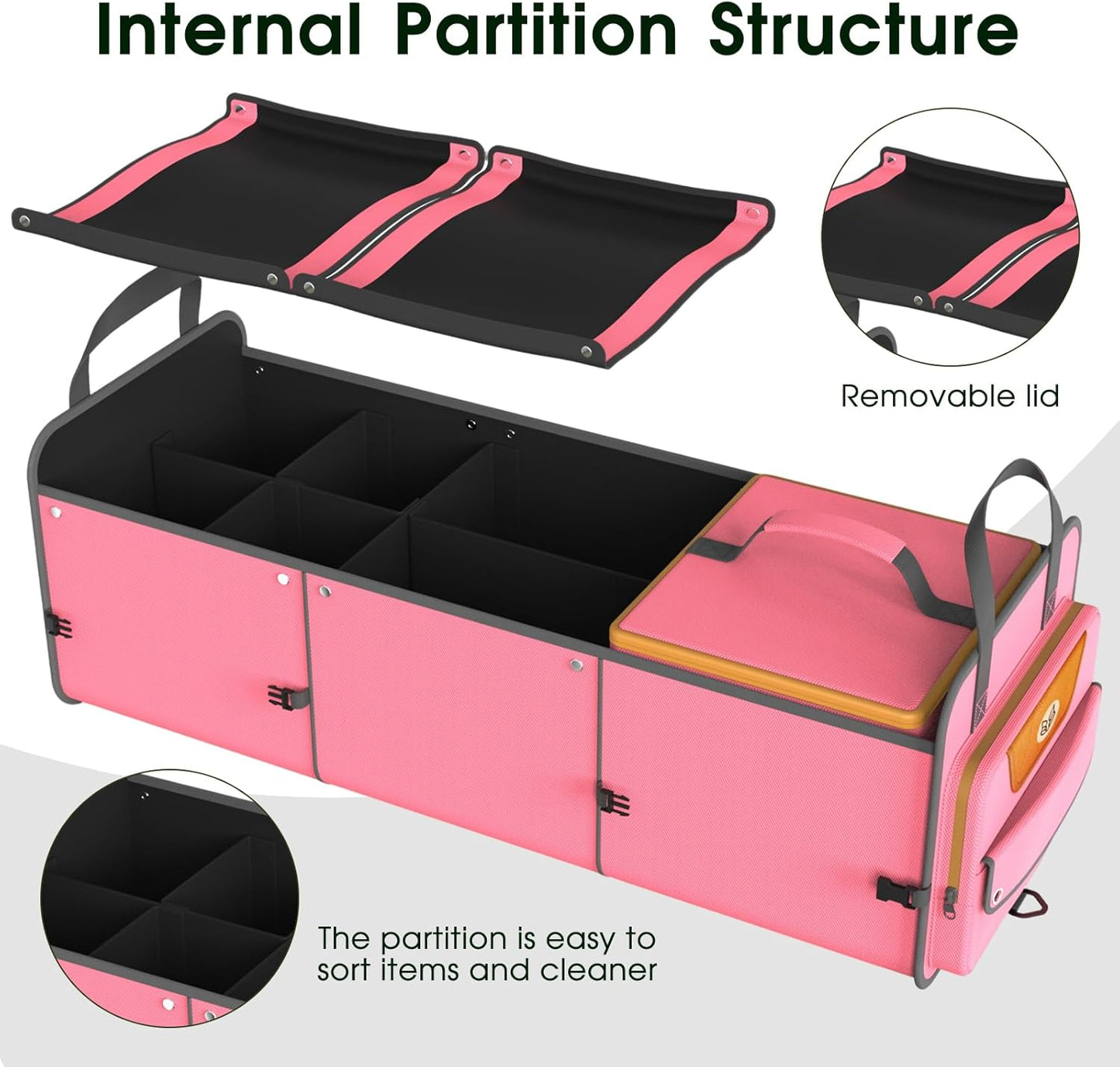 Trunk Organizer, Heavy-Duty Storage for Car & SUV, Foldable Waterproof Car Organizer with Cooler, Collapsible Multi-Compartment Storage, 95L, Pink-M003