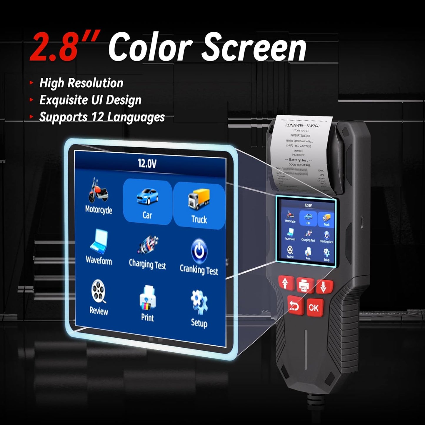 KONNWEI Car Battery Tester with Printer, Automotive 12V 24V Battery Load Tester Cranking and Charging Test 10-2000CCA Battery Analyzer Alternator Tester for Car Truck Motorcycle (Paper Included)