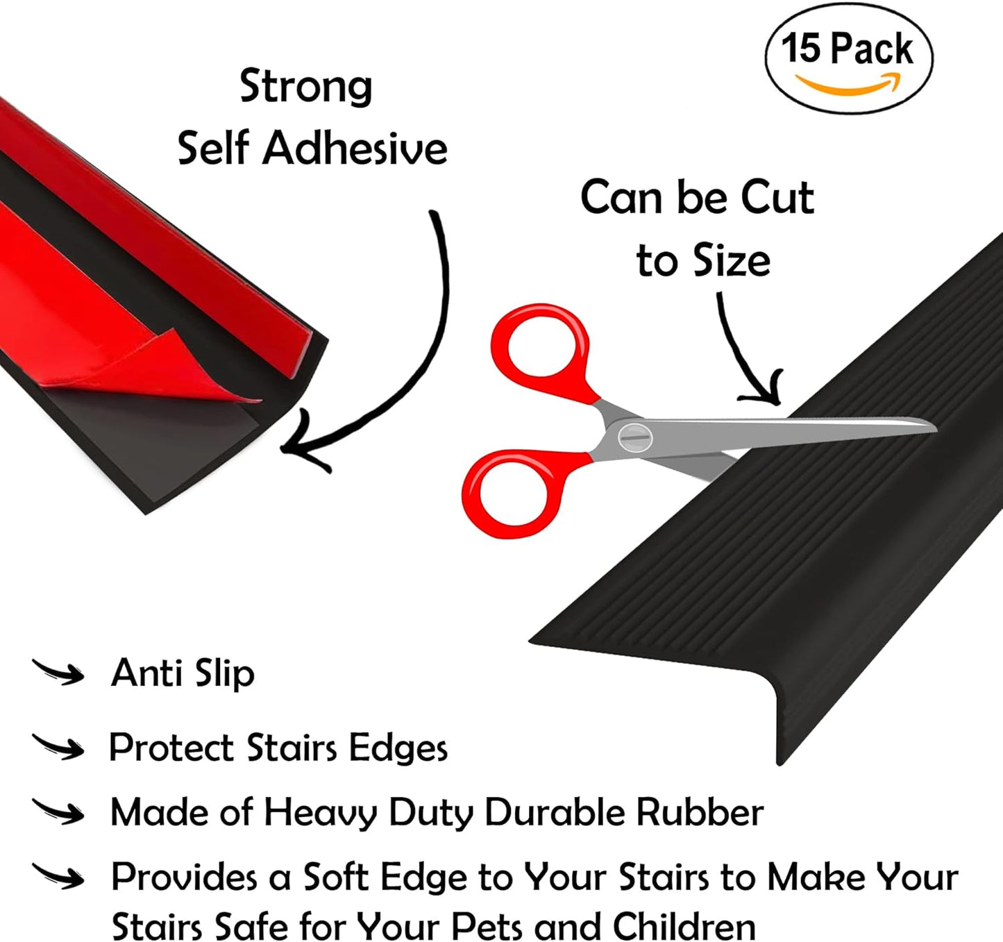 Rubber Bond Stair Edge Protector (Pack of 15) 36x2x1 inch Anti-Slip Stair Corner Trim Rubber Strips - Waterproof Self-Adhesive Staircases for Outdoor & Indoor Uses | Protect Kids & Pets - Black