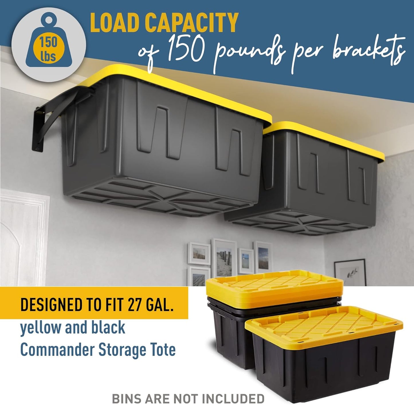 Koova Wall Mounted Tote Rack Storage System, Fits 27-Gallon Black and Yellow Commander Style Bins, Wall Mount Bracket Shelves for Garage Organization, Heavy Duty Steel, Made in USA (3-Piece Set)
