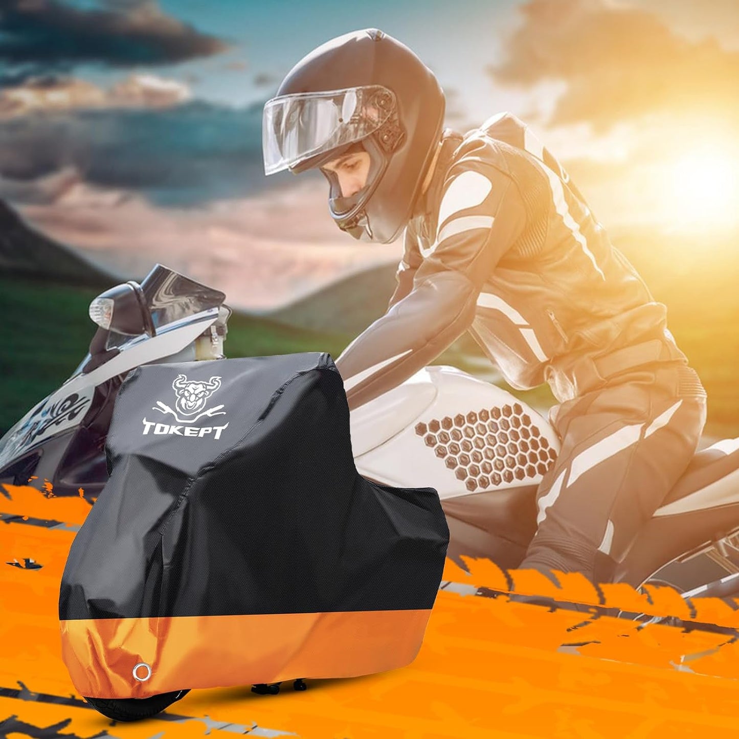 Motorcycle Cover, All-Season Waterproof Outdoor Sun Protection Fit up to 104 Inch Harley-Davidson Honda Suzuki Kawasaki Yamaha (XXL Black&Orange)
