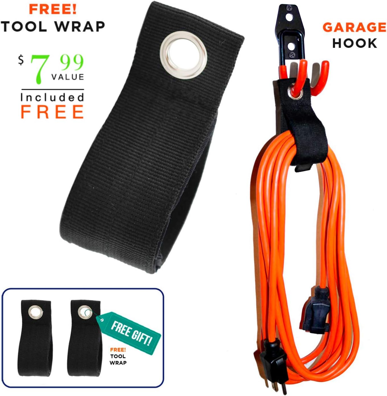 Garage Hooks, 12 Pack Wall Storage Hanger with 2 Extension Cord Straps, Heavy Duty Tool Holder for Utilities Organization, Wall Mount Rack for Garden Lawn Tools, Ladders, Bike, Ski (Orange)