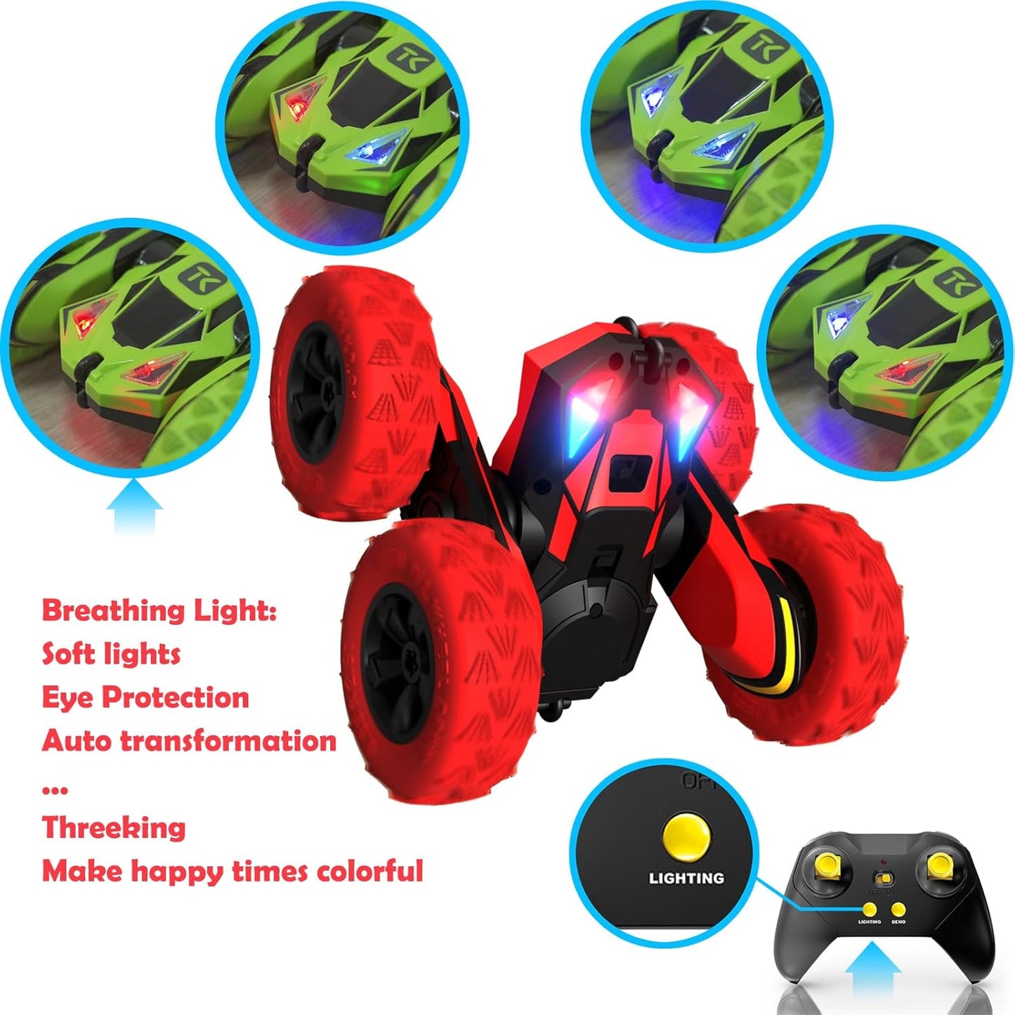 Threeking RC Stunt Car Remote Control Cars with Lights Double-Sided Driving Indoor Outdoor Toys Gifts Presents for 6 7 8 9 10 11 12 Year Old Kids Boys Girls