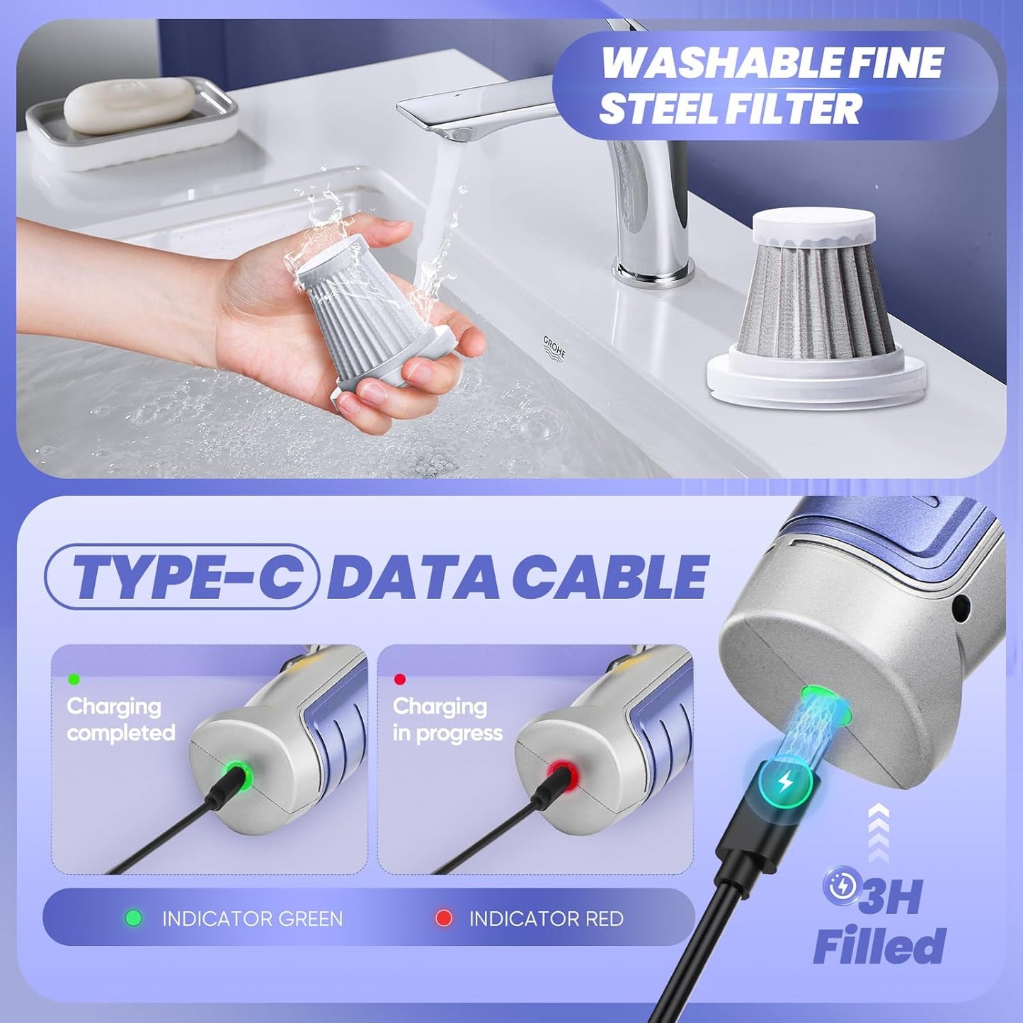 Saker Car Vacuum Portable Cordless 15000PA,3 in 1 Handheld Vacuum with Brushless Motor for Car, Office and Home Cleaning Blue HL107B