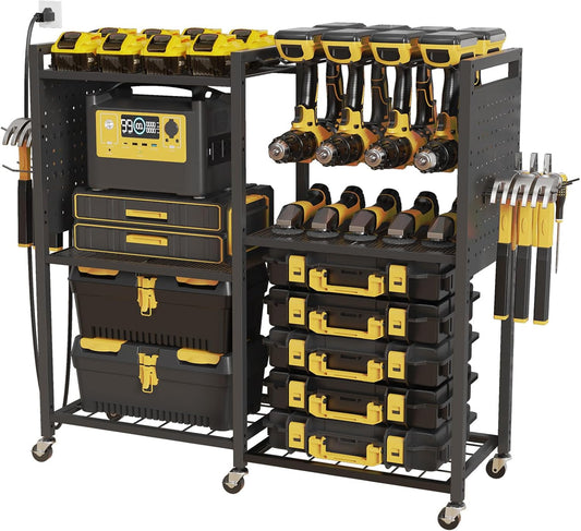 6-Tier Large Power Tool Organizer Cart with Charging Station, Heavy-Duty Garage Rolling Tool Cart with 6 Wheels, 8 Hooks & Adjustable Shelves, Holds 700LBS+