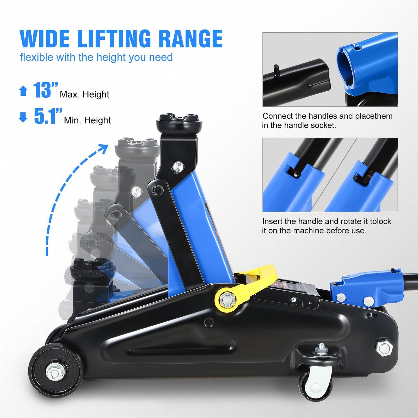 DNA MOTORING Low Profile Hydraulic Trolley Service/Floor Jack, 2 Ton (4000 lbs) Capacity, Lifting Range 5.1"-13", Blue, TOOLS-00474