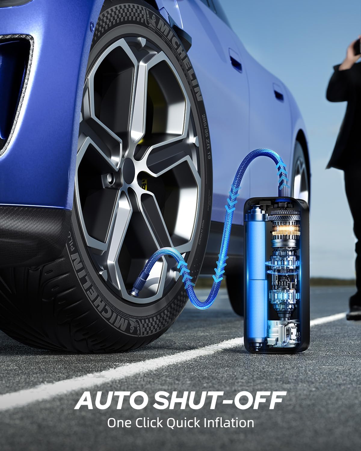 AUTOONE Tire Inflator Portable Air Compressor - 4X Faster 150PSI Cordless Air Pump with Digital Tire Pressure Gauge, 12V Car Power Adapter - For Car, Motorcycle, Bike, Ball and More