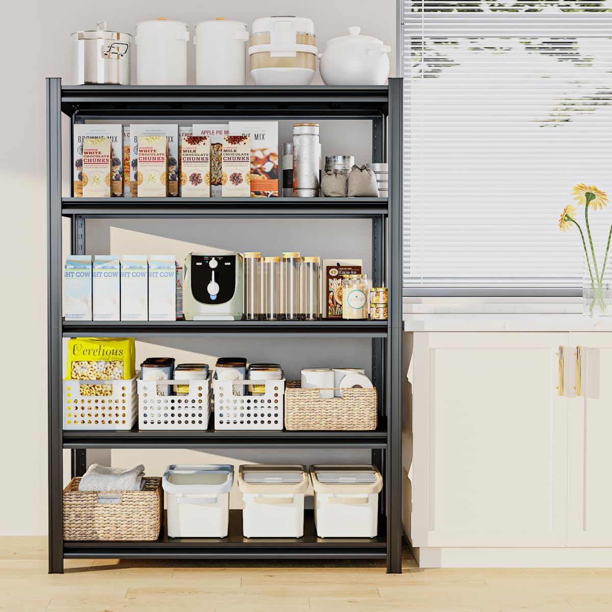 5 Tier Metal Shelving Unit, 72" H x 48" W Adjustable Storage Shelves, Heavy Duty Garage Shelves for Warehouse, Basement, Kitchen, Pantry, Living Room, 2500LBS, Black, 18" D