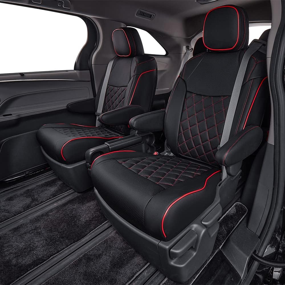 EKR Sienna Seat Covers for 2021-2025 Toyota Sienna XLE,XSE,Limited,Platinum,7 Seats,2nd Row Captain Chairs W/NO Legrest,Leather Seat Covers Full Set,Car Seat Protectors(Black with Red Piping)