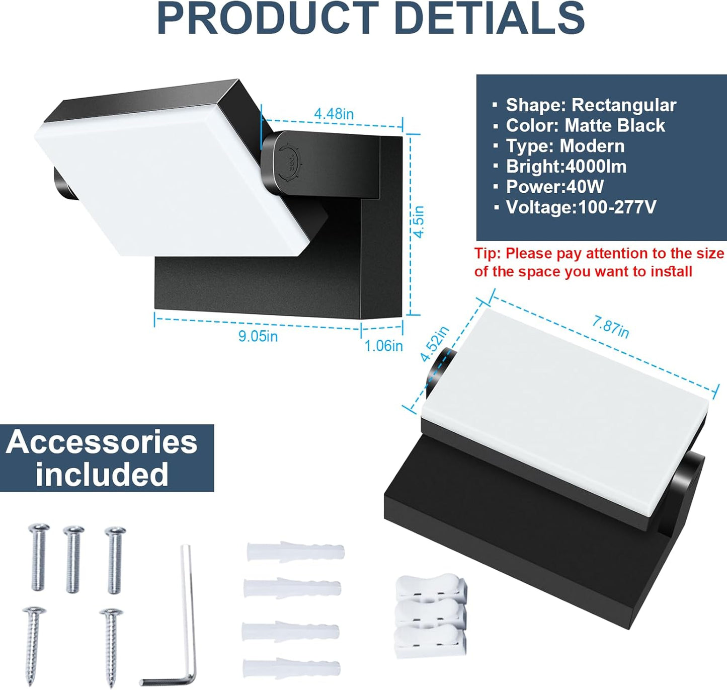 40W LED Outdoor Wall Light, 5000K Daylight Waterproof Floodlights, 360 ° Adjustable Wallpack Lighting Modern Security Commercial Exterior Wall Mount Fixture for Yard Hardwired Super Bright