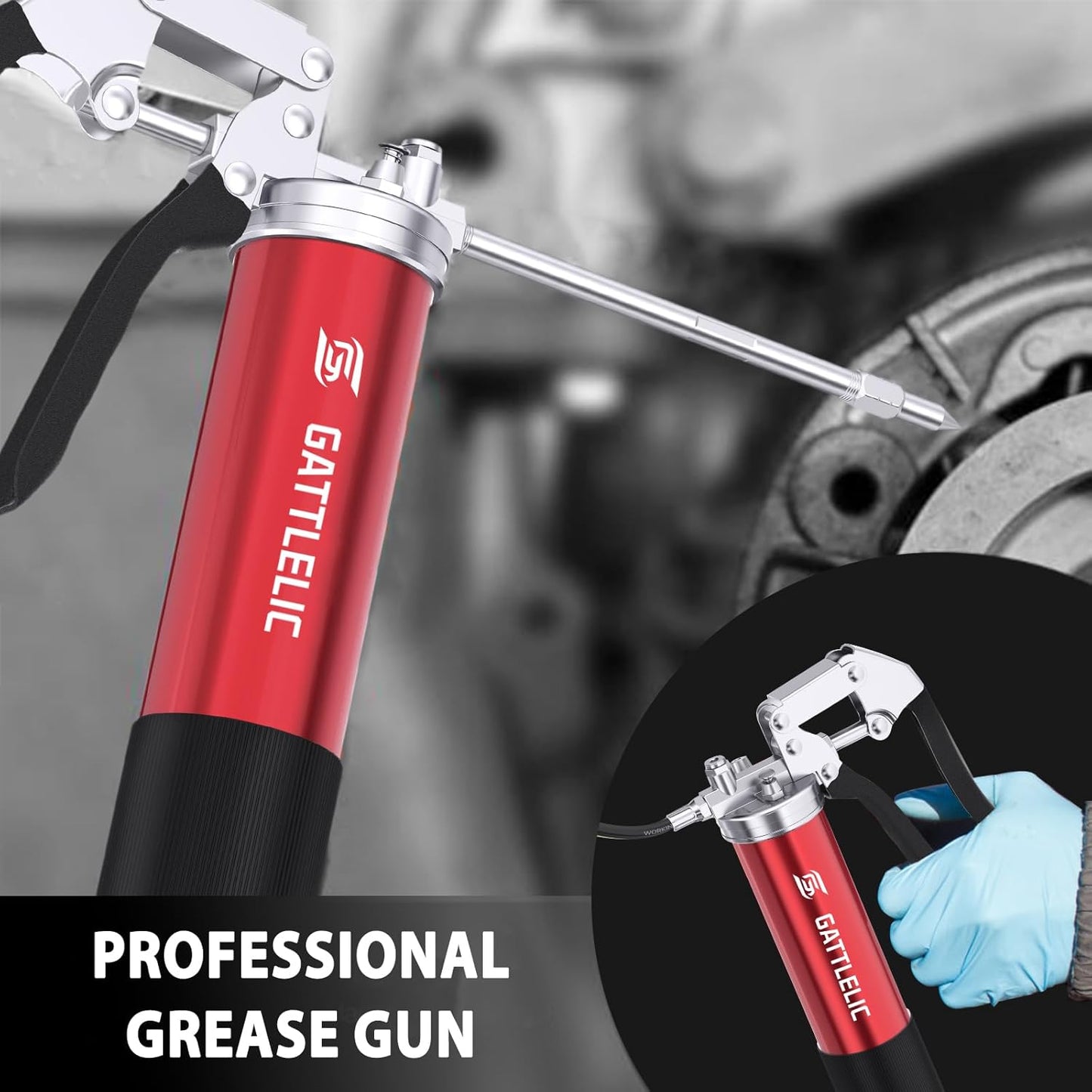 8000 PSI Heavy Duty Grease Gun Kit - 14oz with Flex Hose, Sharp Nozzle, Extension Pipe & Coupler, Red