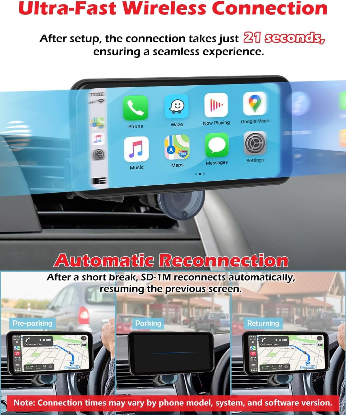 NikoMaku Wireless Carplay Screen, Portable Android Auto Car Stereo with Easy Setup Magnetic Mount, Compact Carplay Screen for Vehicle, Airplay, Mirror Link, Map Navigation, SD-1M (6.25 in)