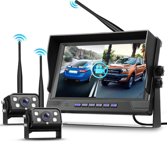 Hodozzy Wireless Backup Camera Digital System Kit, 9 Inch Dual Split Screen Monitor with Blind Spot Warning, IP 68 Waterproof 2 Backup Camera, Recording,Night Vision,Loop Record Trucks/RV/SUV