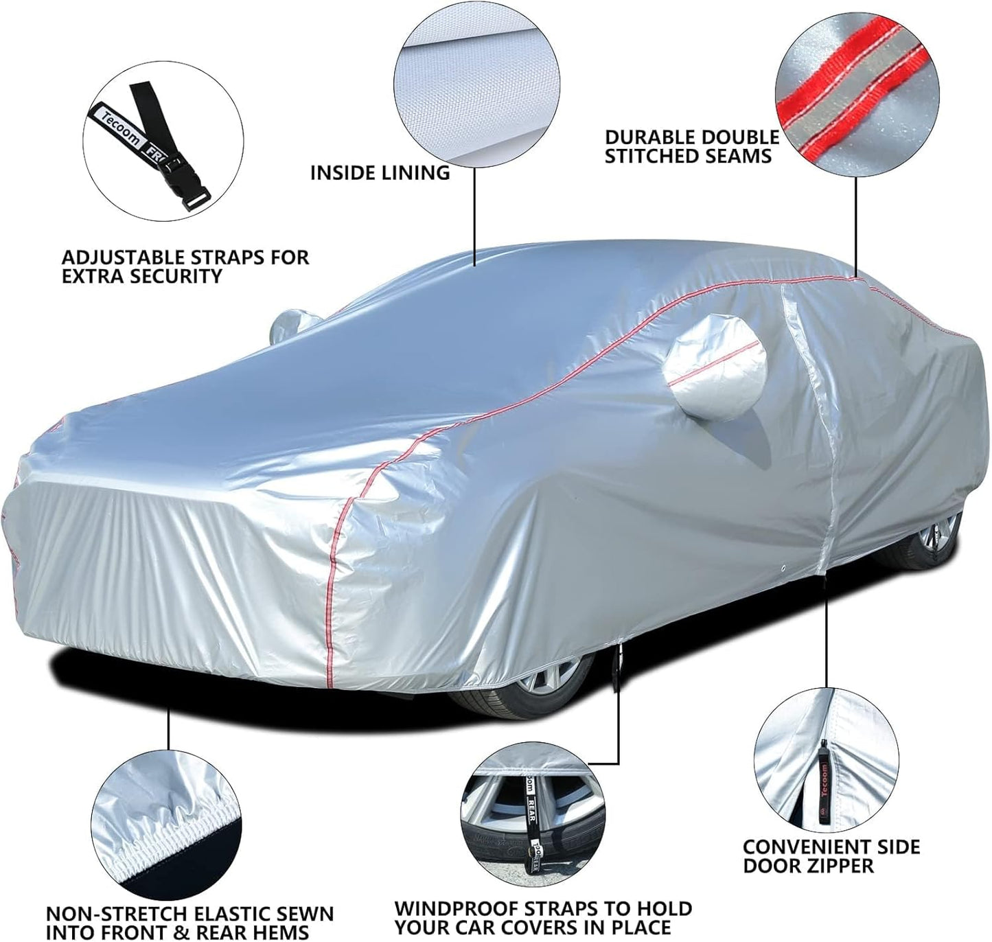 Tecoom Hard Shell Oxford Material Door Shape Zipper Design Waterproof UV-Proof Windproof Car Cover for All Weather Indoor Outdoor Fit 160-172 Inches Hatchback