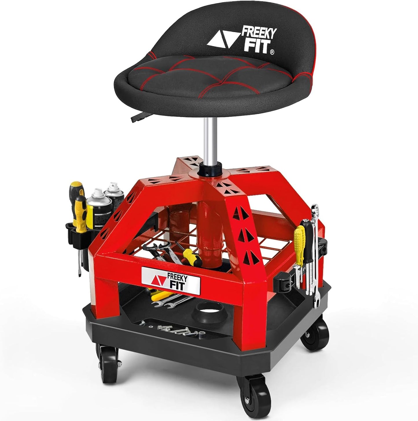 Rolling Shop Stool for Garage with Casters, DO02-Adjustable Height 360° Swivel Shop Seat with Tool Tray Storage, 330 LBS Capacity Padded Mechanic Stool, Magnetic Tool Hold, Heavy Duty, Red