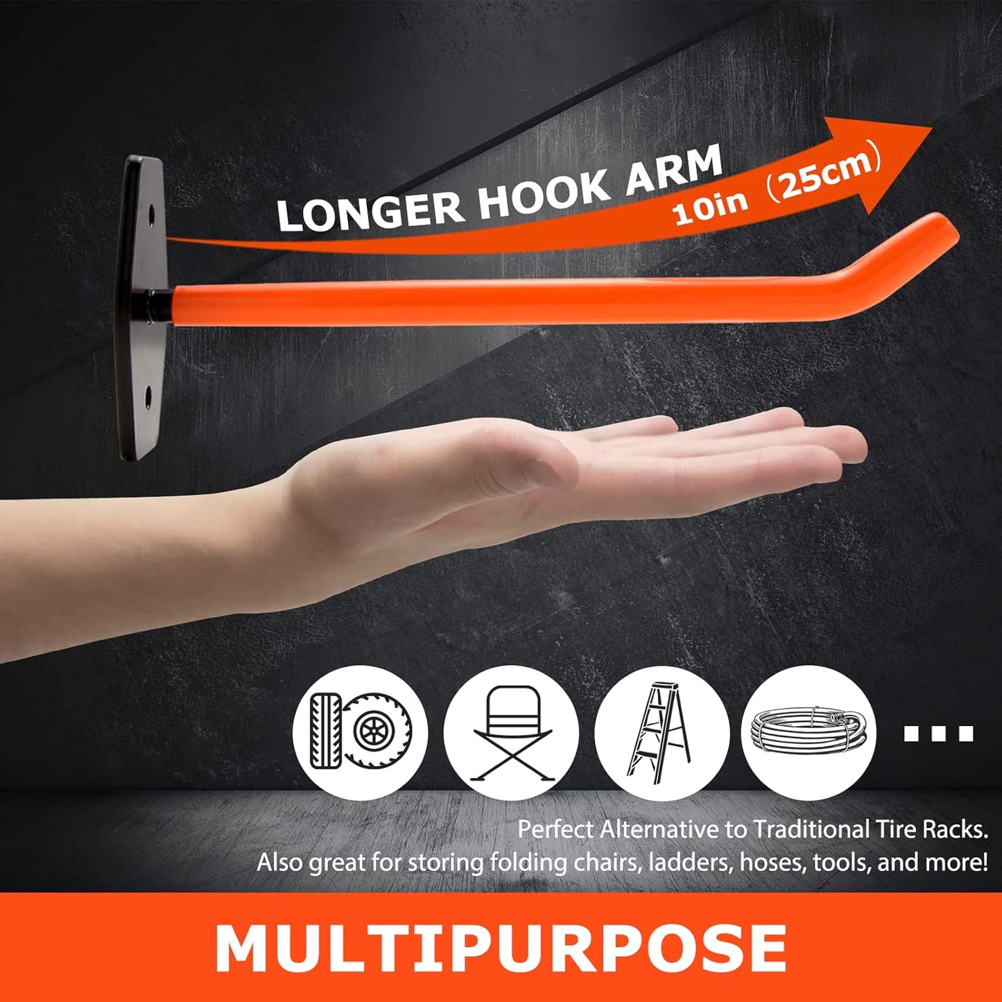 4 PCS Garage Hooks Heavy Duty Wall Mount, Tire Storage System with Anti-Slip Coating, Hang Heavy Tools for up to 88Lbs, for Bikes, Ladders, Chairs and Bulky Tools