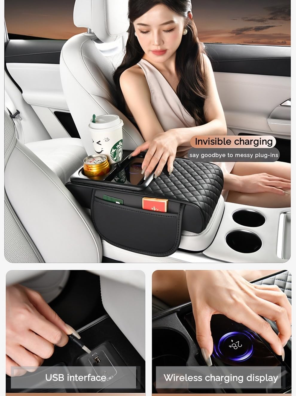 Upgrade Arm Rest Cover for Car, 5-in-1 Middle Console Cover Cushion Pad with Cup Holders & Side Pockets, Center Armrest Storage Box, Gray