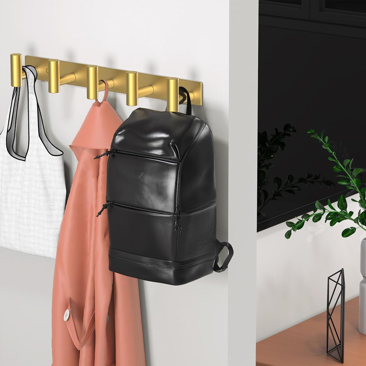 Wall Mounted Coat Rack-5 Hooks, Heavy Duty Stainless Steel Hook Rail for Towel Coat Hat Purse Bag Jacket, Towel Hooks for Entryway Bathroom Kitchen (Gold 5 Hooks - 1 Pack)