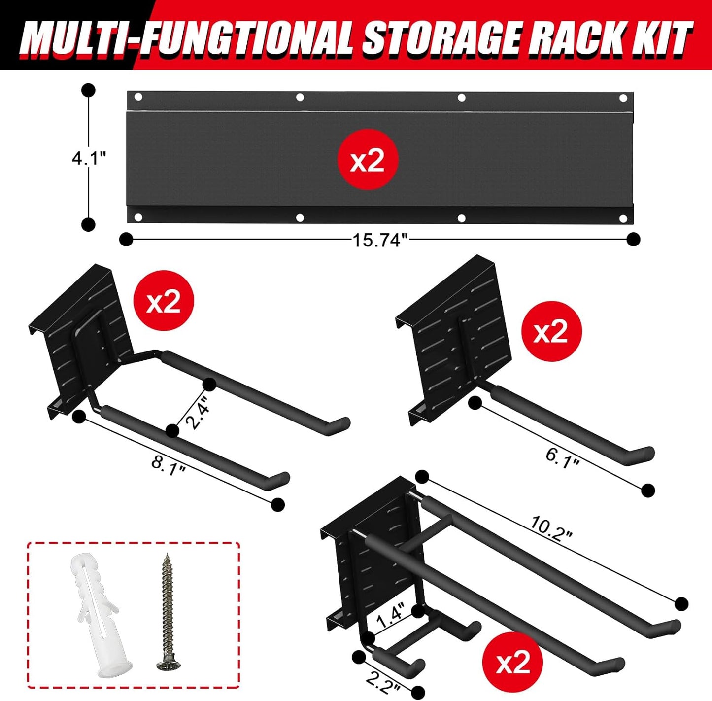 32 Inches Garage Organization,Wall Mount Garden Tool Organizer, 440lbs Adjustable Heavy Duty Metal Hanging Hooks, Garden Tool Hangers Storage Rack for Garage, Yard, and Shed (2 Racks, 6 Hooks)