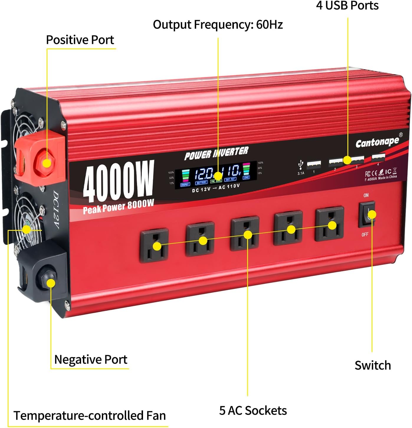 4000W Power Inverter 12V to 110V/120V DC to AC with LCD Display, Remote Controller 5 x AC Outlets and 4 x 3.1A USB Car Adapter for Car Truck Boat RV Solar System