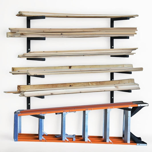 Wood Storage Racks with 3 Level, Garage Organizer Lumber Storage Rack Wall Mounted, Workshop Organizers Wood Wall Shelving, Lumber Metal Racks for Garage, Basement, Indoor and Outdoor (Black-4 Pack)