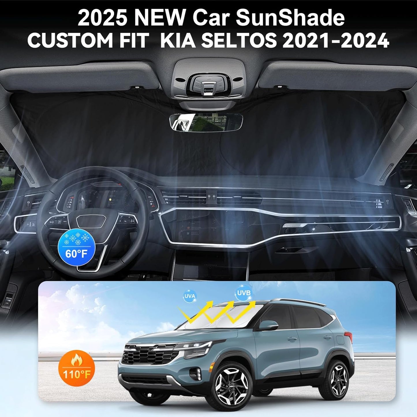 Custom Fit Seltos Windshield Sunshade for 2021-2024 2025 2026 Kia Seltos Front Window Shades Cover for Windshield Sun Visor Protector 210T Reflector Blocks UV Rays Cooler Car Accessories