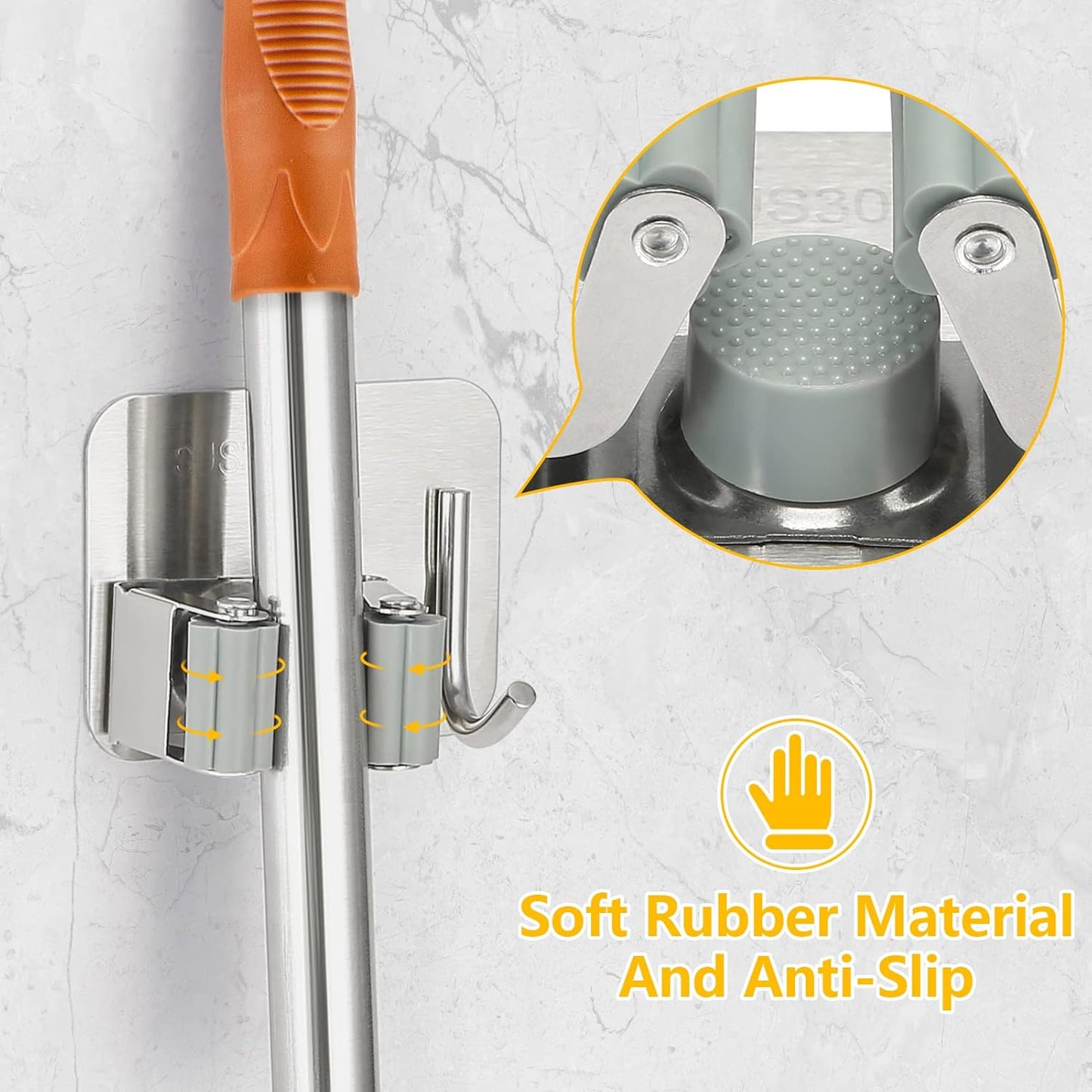 Stainless Steel Broom Holder, Self-Adhesive, 4 Gripper Positions, 4 Hooks, Light and Durable, Easy Installation, Ideal for Organizing Household Items