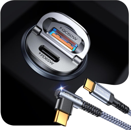 MRGLAS 125W USB C Car Charger Super Fast Charging, [PD65W & QC60W][Extra 3.3ft 60W USB C Cable 90 Degree][All Metal], Cigarette Lighter USB Charger for iPhone 16 Pro Max Plus 15 Samsung S24 S23 iPad