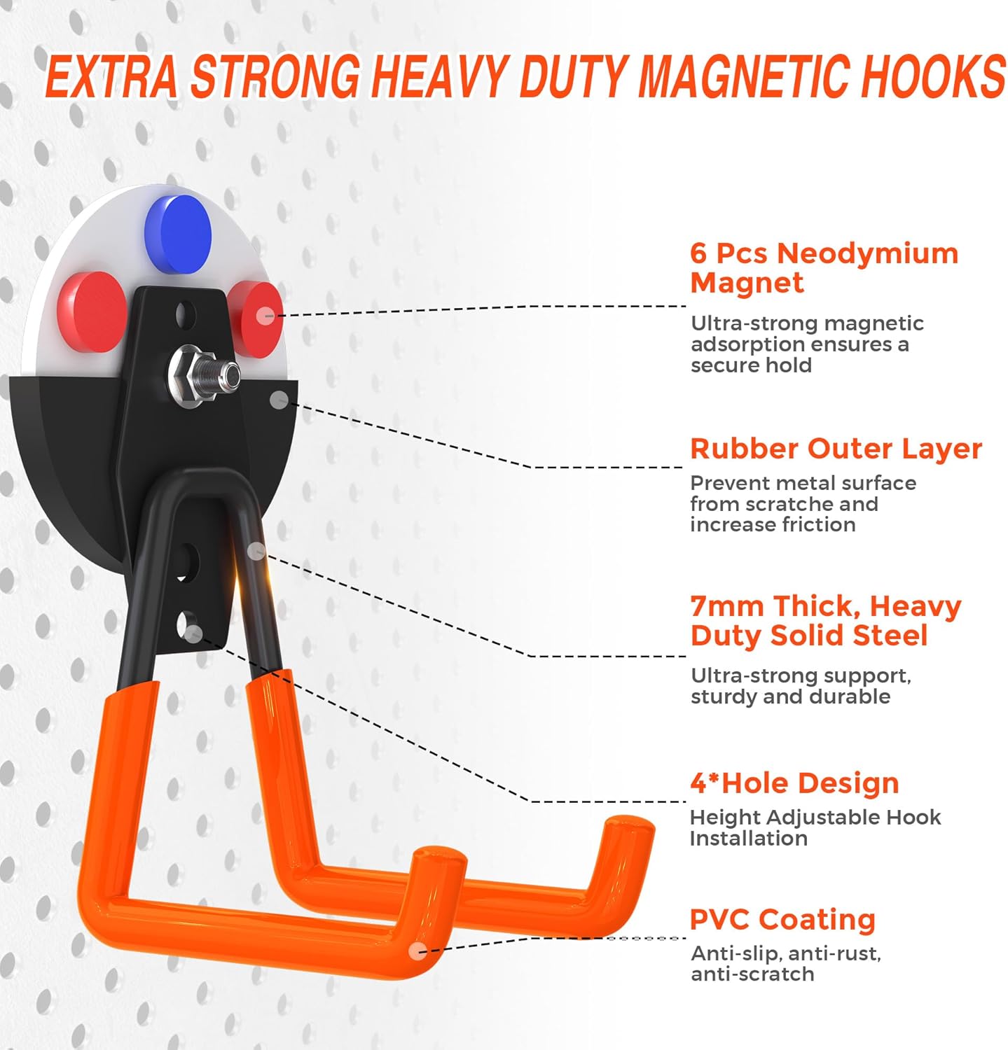 4Pcs Magnetic Hooks Heavy Duty, Large Strong Magnetic Storage Hook for Hanging Garage Tool, 66mm Magnet Hooks with Anti-Slip Coating, Magnetic Holder for Power Drill/Metal Cabinet/Garden Tools