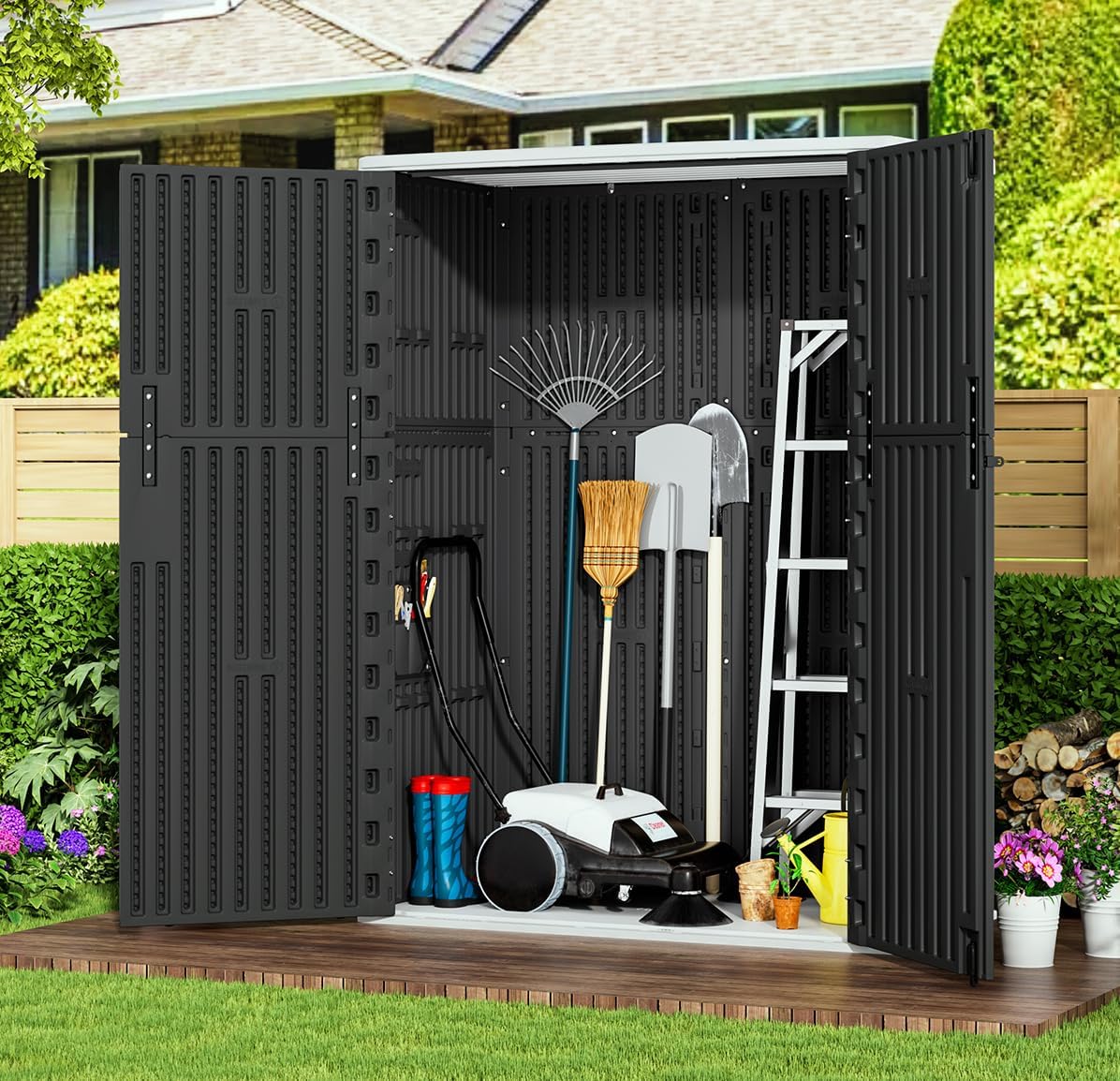 KINYING Outdoor Storage Cabinet Waterproof, 57 Cu.ft Resin Vertical Outdoor Storage Shed for Patio Furniture, Garden Tools, Pool Accessories, Mower Storage (Black)