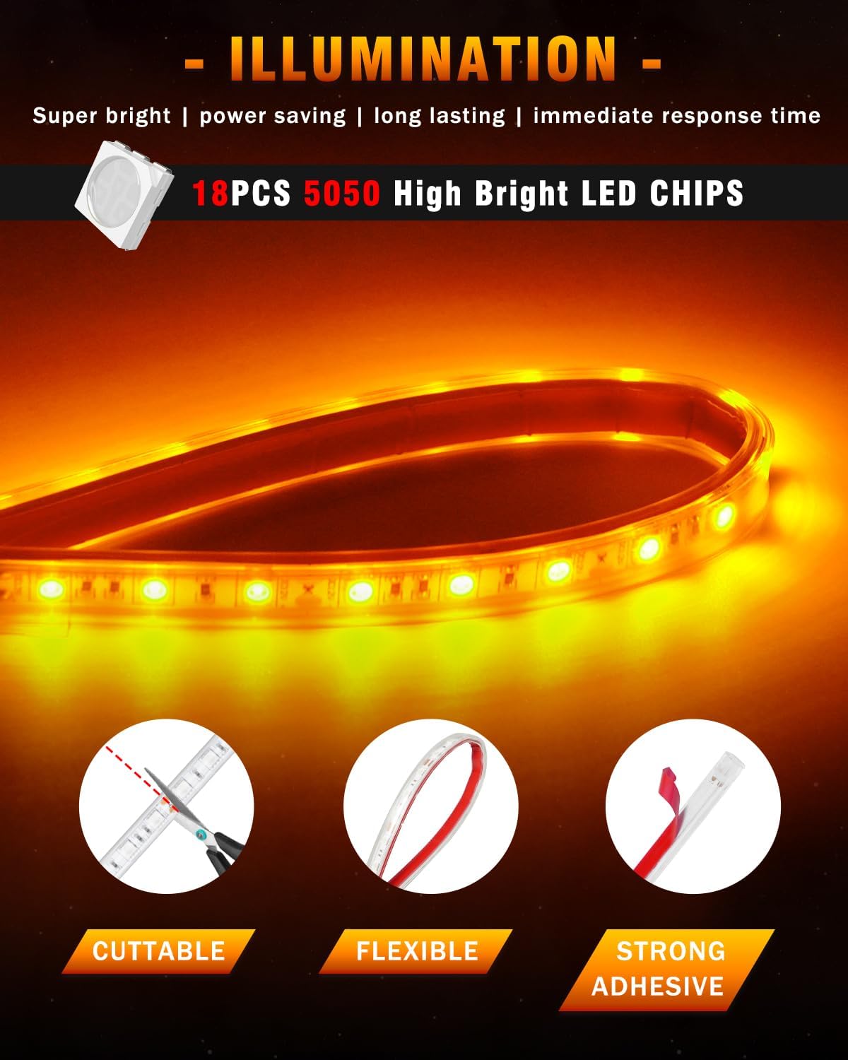 Qasim Car Led Strip Lights for Golf Cart Underglow Motorcycles Marine Boat Interior Exterior High Bright 5050 Chipset 32CM Waterproof IP67 12V Amber/Yellow, Pack of 6