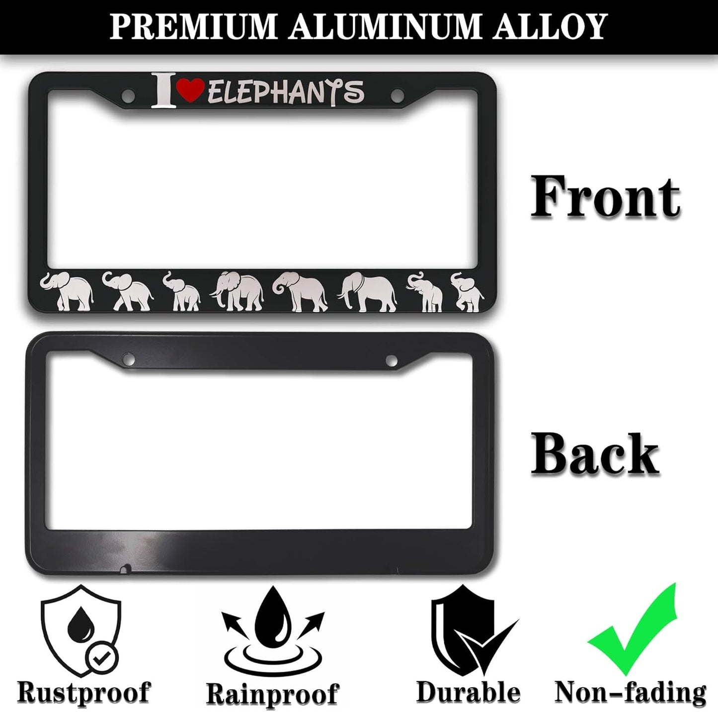 License Plate Frames Black and White Fun License Plate Frame Cover I Love Elephants Universal Aluminum Car Accessory 2 Pack with Screw Covers Set