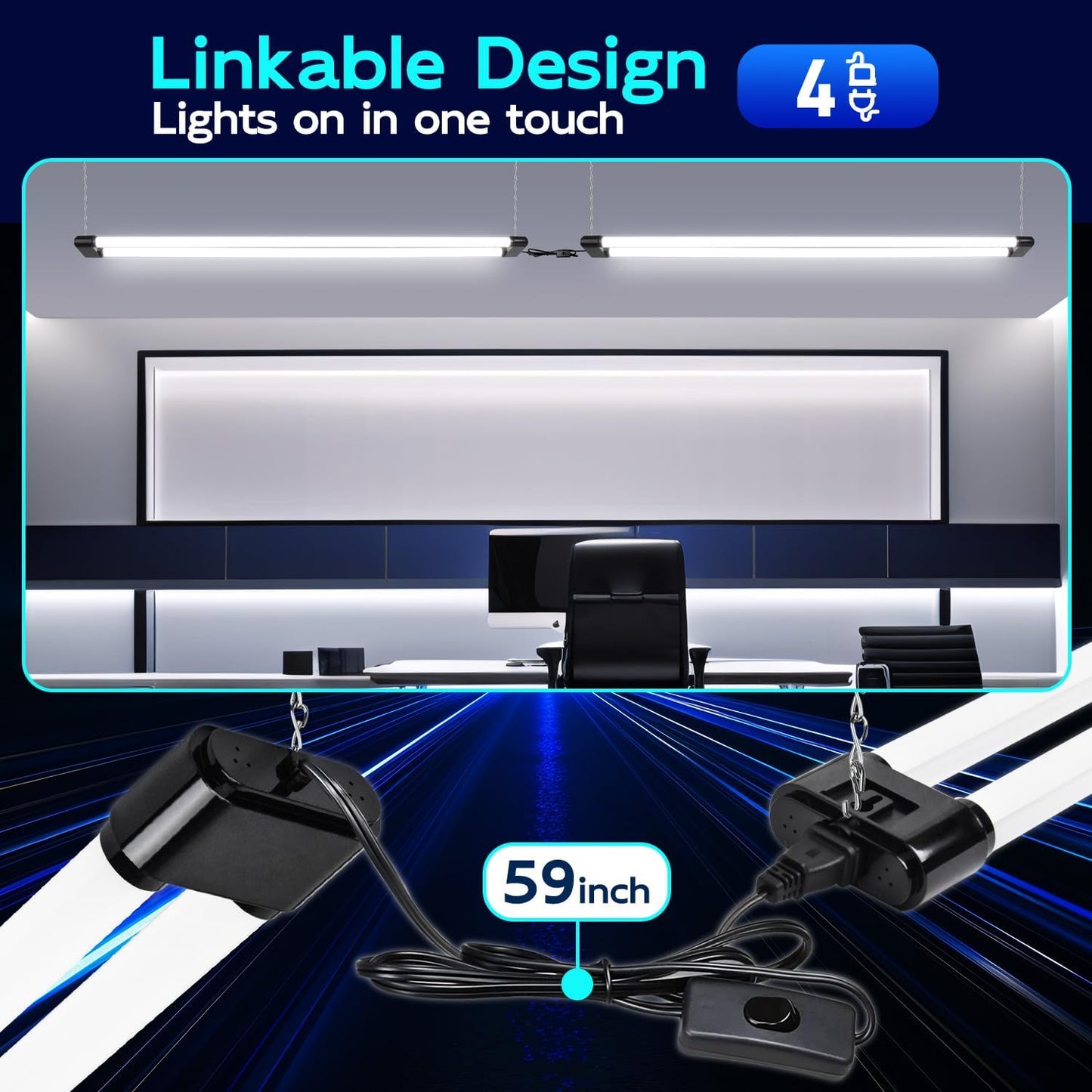 hykolity 4 Pack Linkable LED Shop Light, 4FT 44W [300W Equivalent], 4600lm, 5000K Daylight, Plug-in Utility Bay Light Fixture, Hanging or Surface Mount, Black - Energy Efficient Lighting Solution