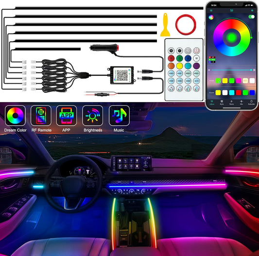 Interior Car LED Strip Lights, Acrylic LED Lights for Car with Dynamic Dreamcolor Chasing, Ambient Lighting Kits Music Sync Wireless APP and RF Remote Control (6 in 1)